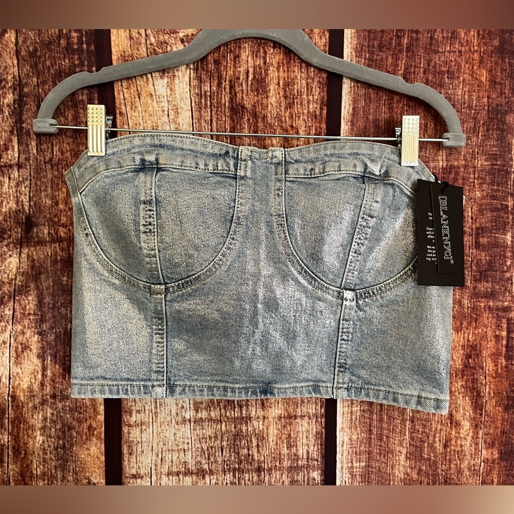 Blank NYC | NWT Strapless Metallic Coated Denim Bustier - Picture 3 of 11